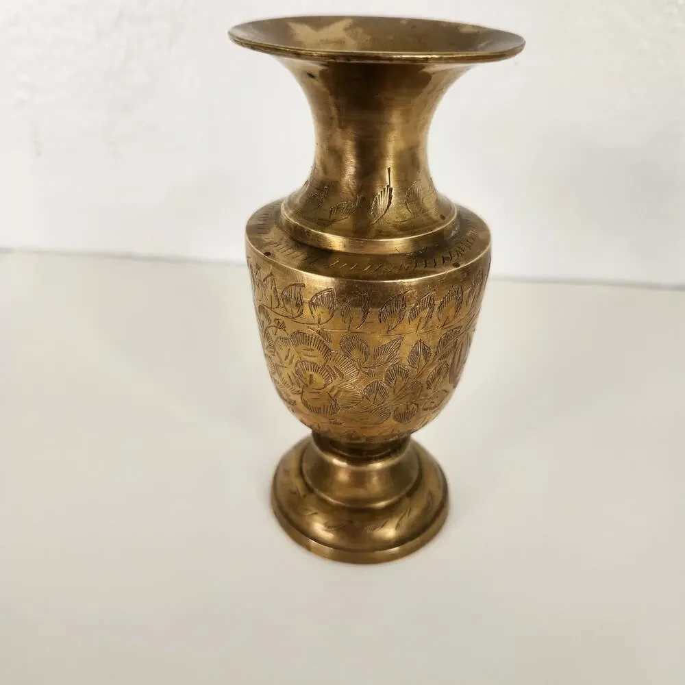 VTG Etched Brass Bud Vase Floral Design Made in India Boho Mediterranean